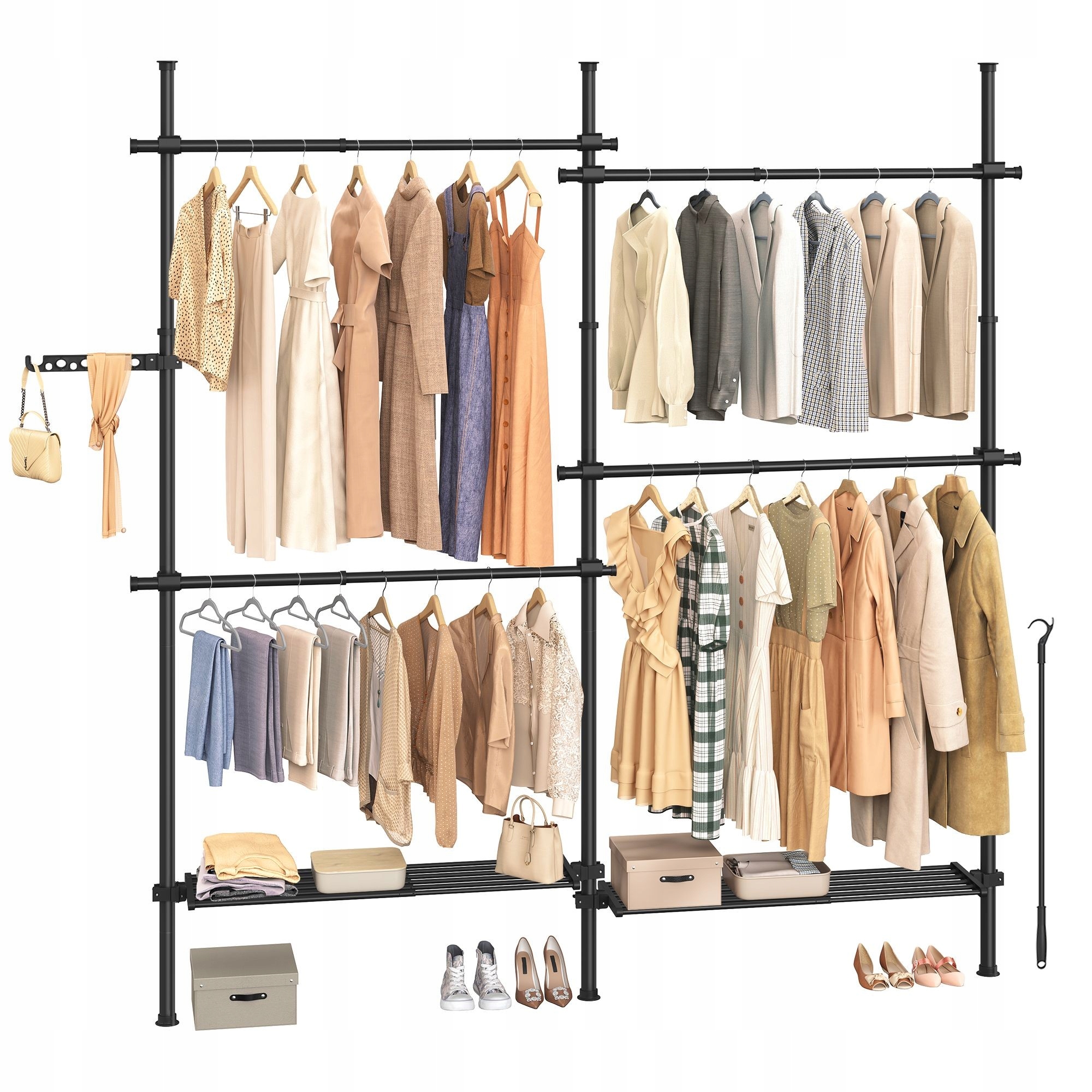 Nowoczesna garderoba na ubrania teleskopowy wieszak szafa 3 poziomy 2 półki