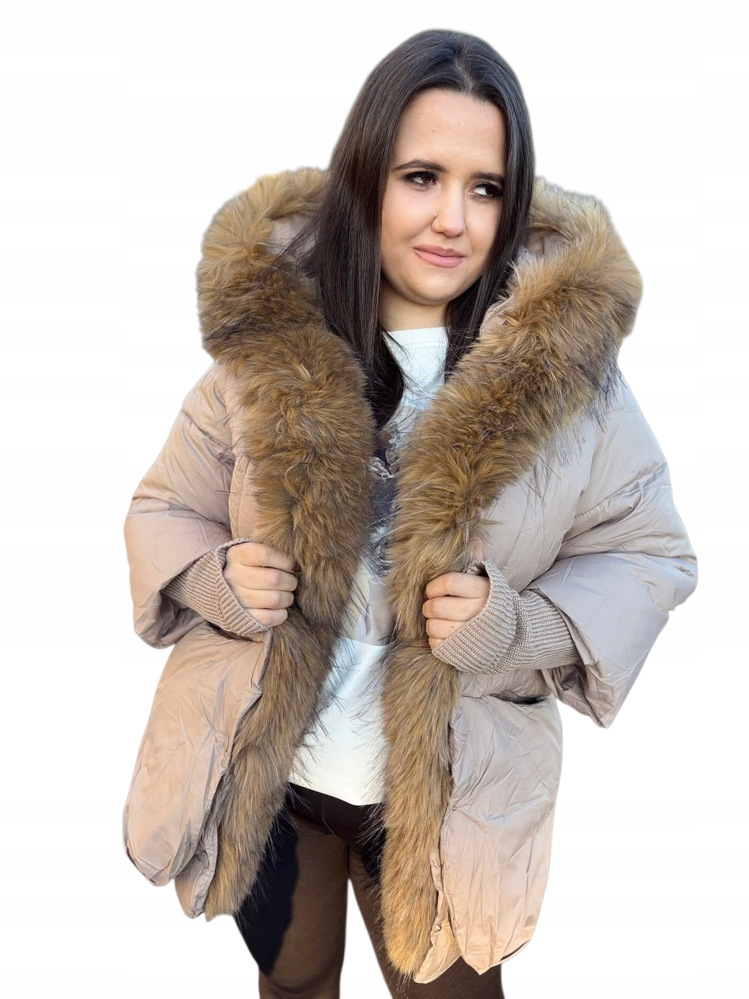 Prošívaná bunda s kapucí, béžová s kožešinou, velikost 3XL