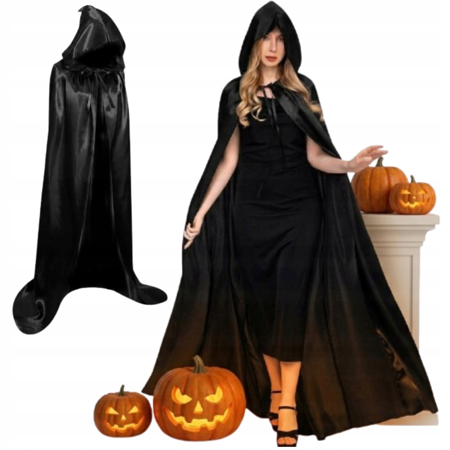 Kostium Na Halloween 150CM Czarna Peleryna Długa Strój Wampir Czarodziej