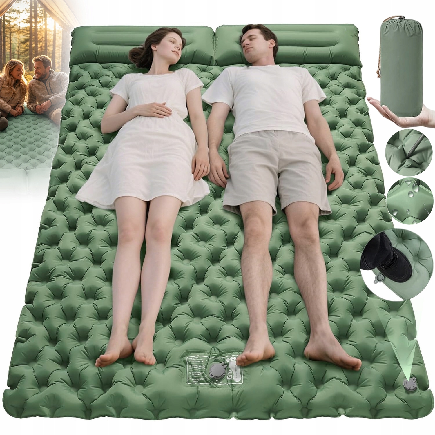 Matrace Dvoulůžková Turistická Skládací Nafukovací Podložka S Polštářem 217 X 136 CM