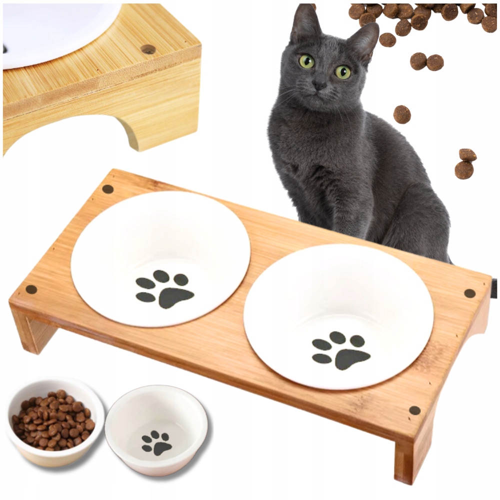Miska dla kota psa podwójna zestaw bambus miseczki ceramiczne białe komplet