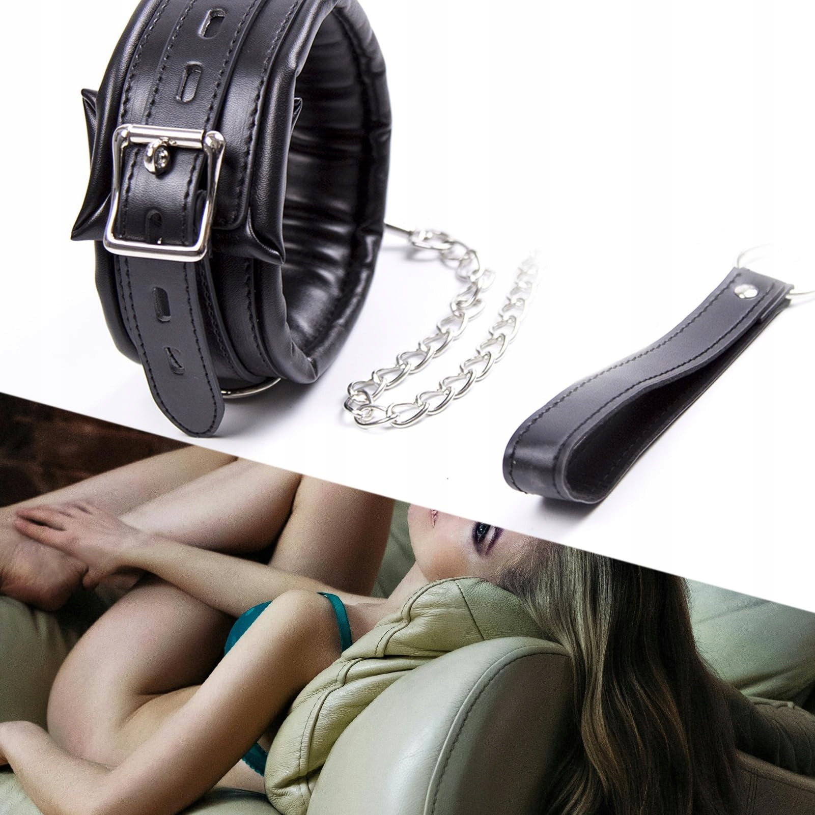 YUZHO Obroża Damska Regulowana Skórzana Z Łańcuchem BDSM Bondage Fetysz — miniatura 6