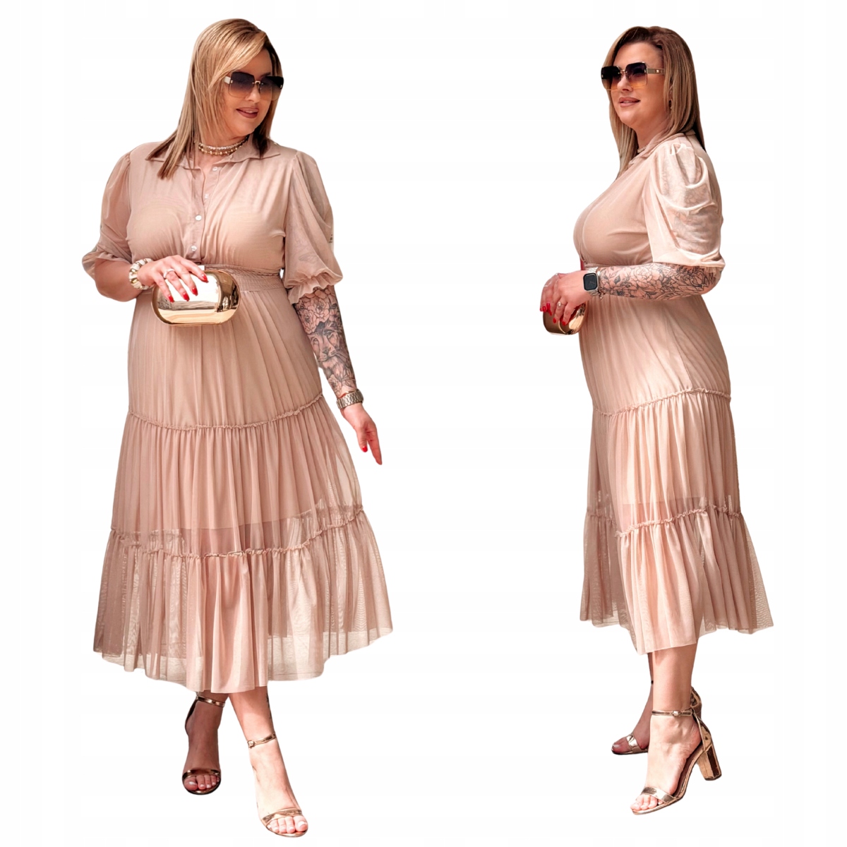Šaty Plus Size Cavaricci Maxi Velké velikosti Tyl Knoflíky Béžová