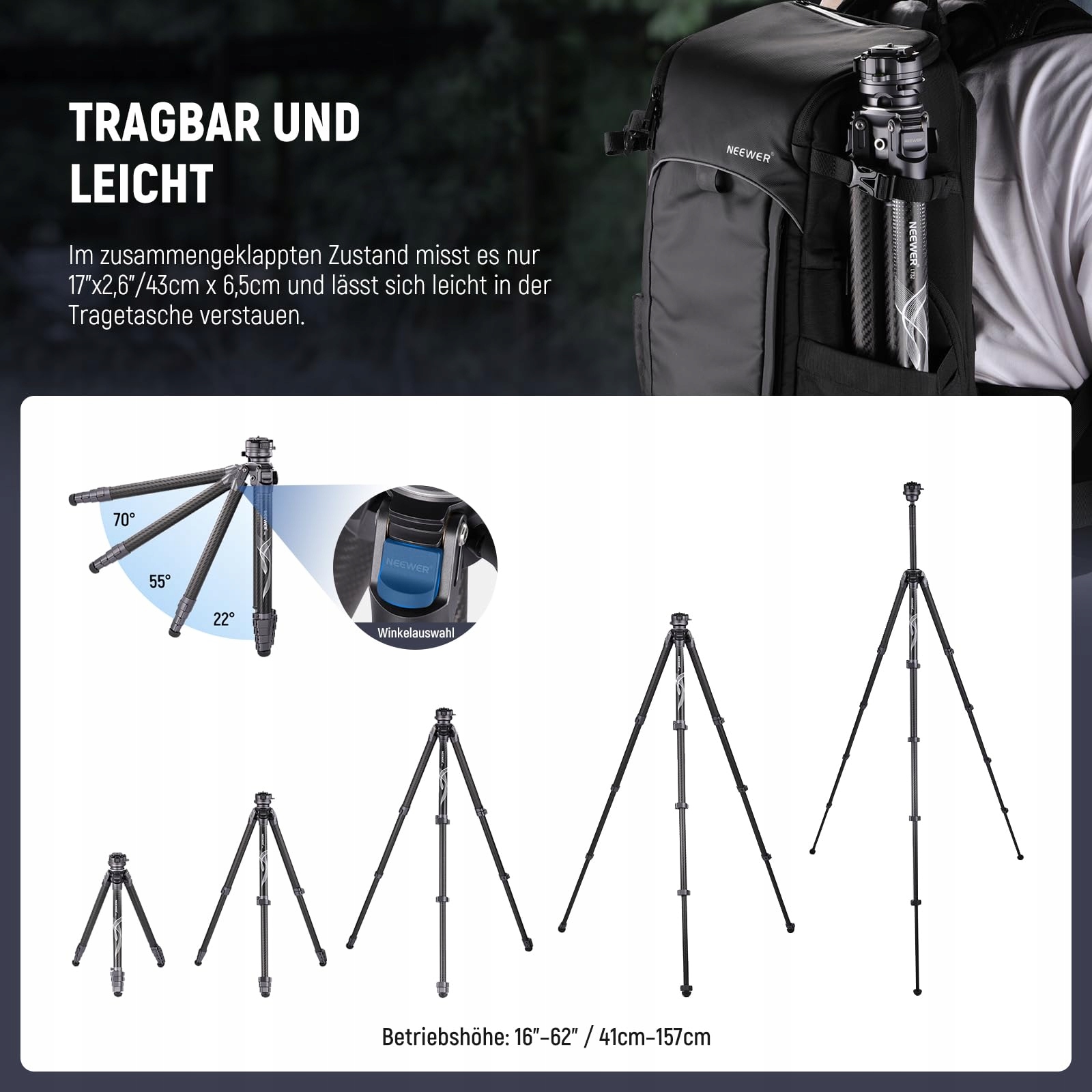 NEEWER LITETRIP LT32 Statyw 62" Z Włókna Węglowego Głowica 360° — miniatura 5