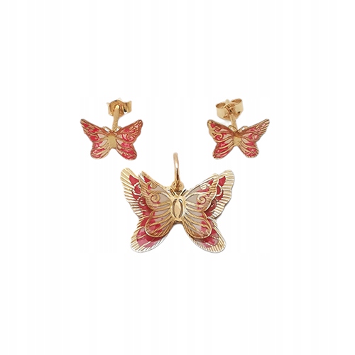 Zlatý smaltovaný komplet motýlků v odstínech růžové
