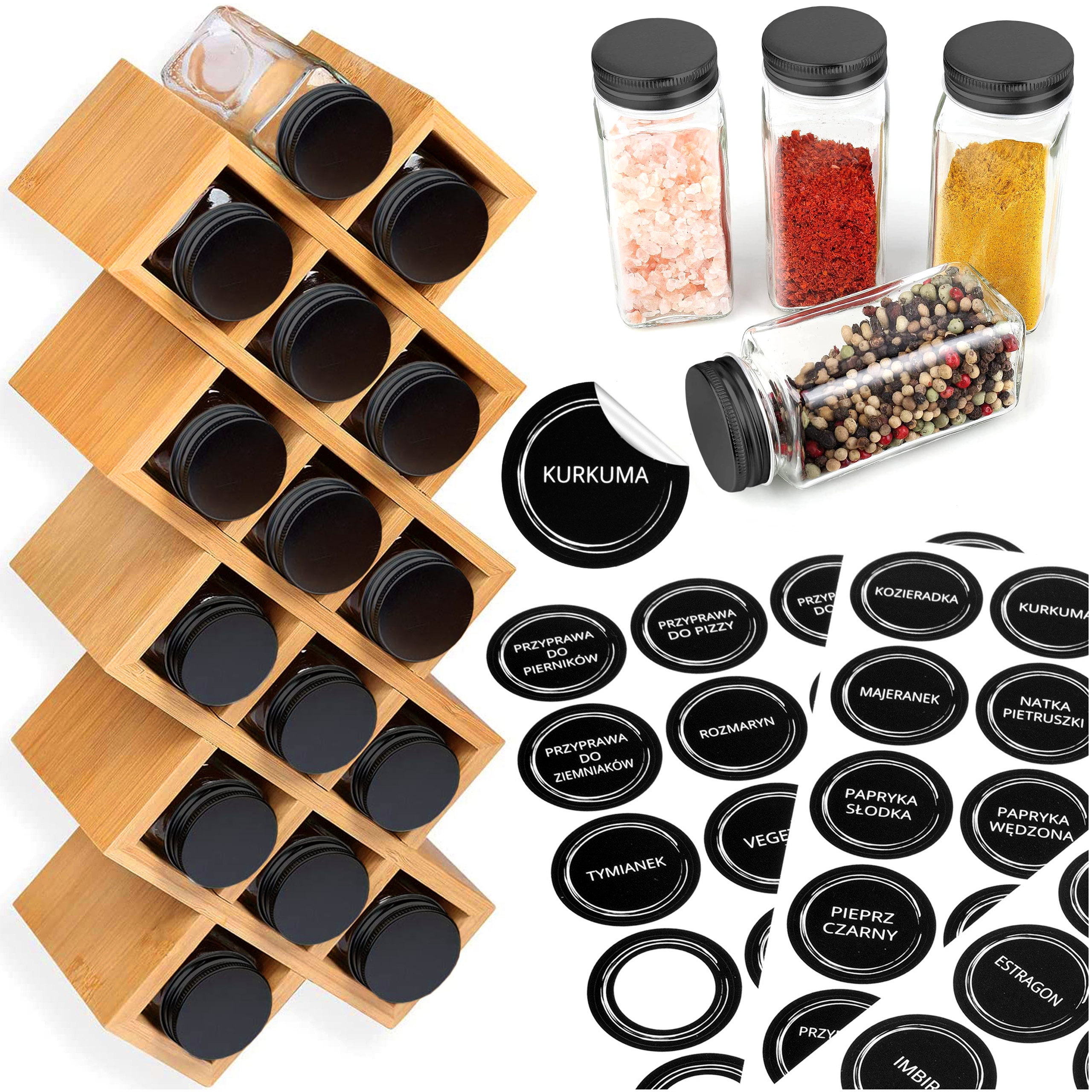 STOJAK NA PRZYPRAWY PRZYPRAWNIK ORGANIZER BAMBUSOWY DREWNIANY SŁOICZKI