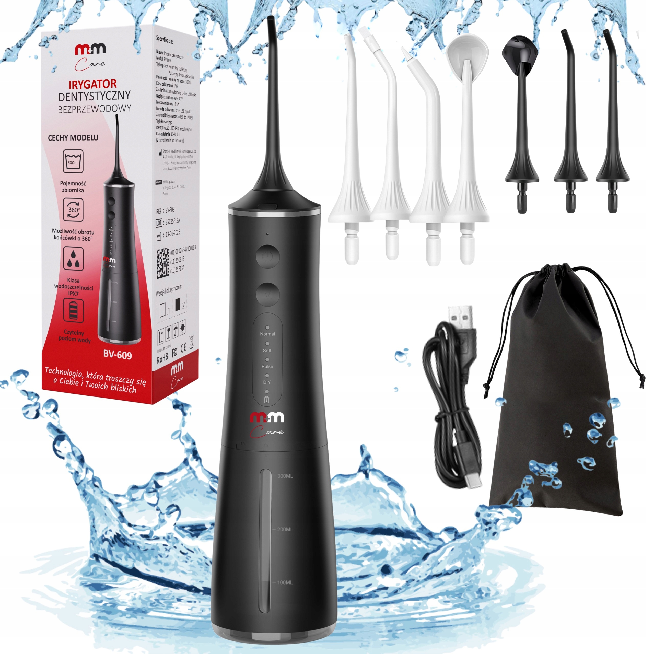 Irygator Do Zębów Bezprzewodowy Dentystyczny M+mcare Flosser 8 Dysz Czarny