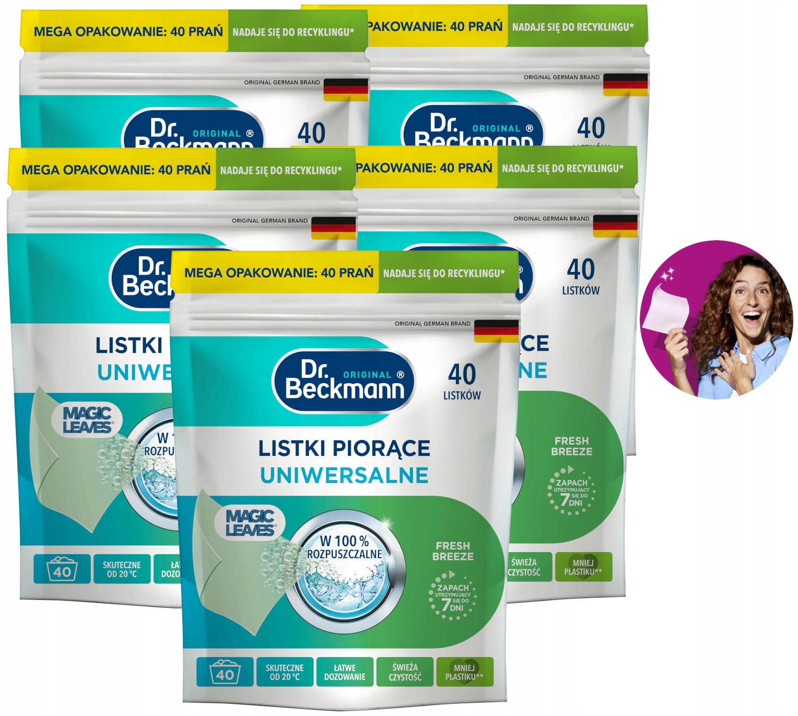 Levně Dr. Beckmann Magic Leaves Ubrousky Prací lístky Univerzální 5 x 40 ks