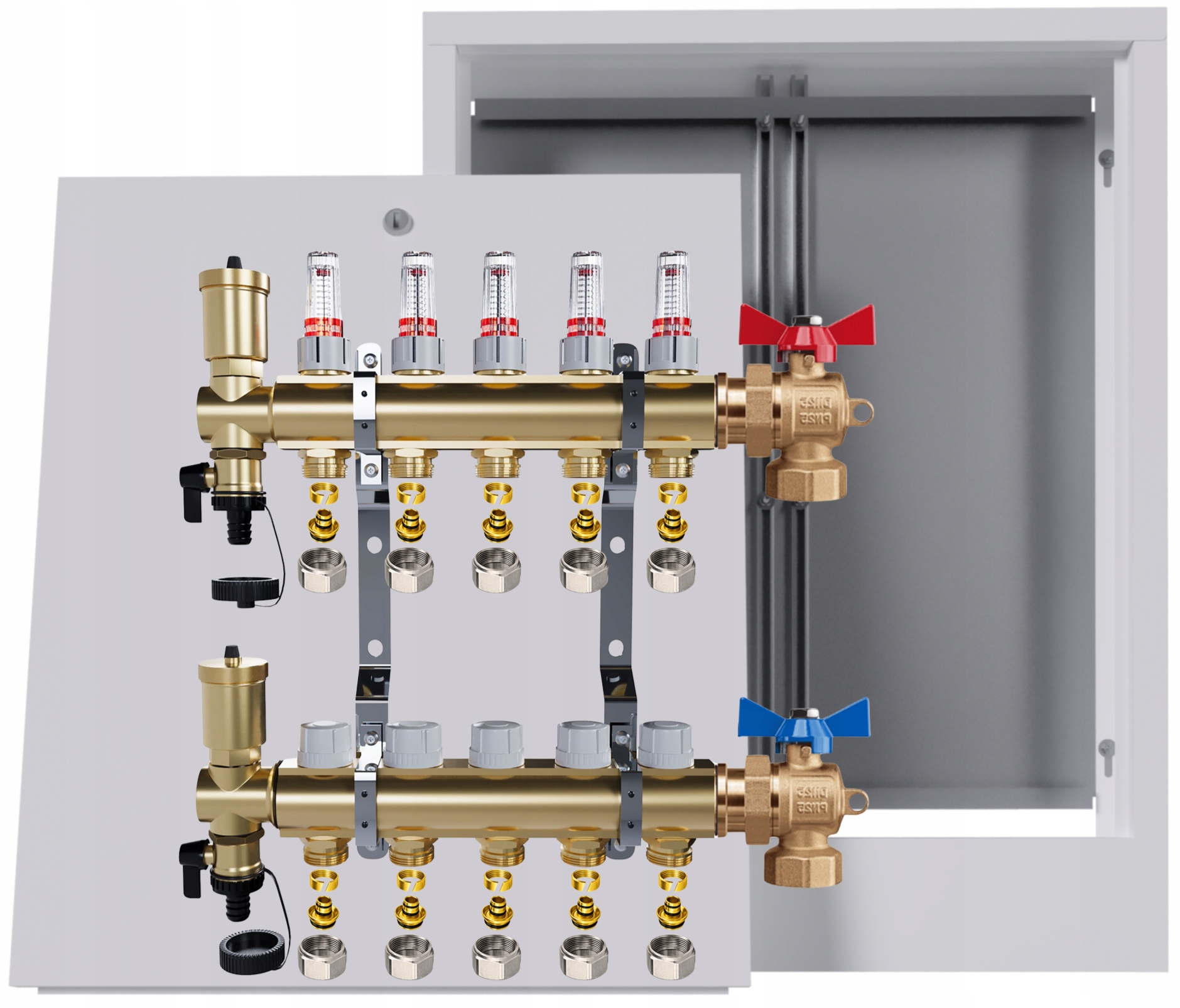 Rozdělovač mosazný podlahový 5 okruhů skříňka na omítku kulový Pex