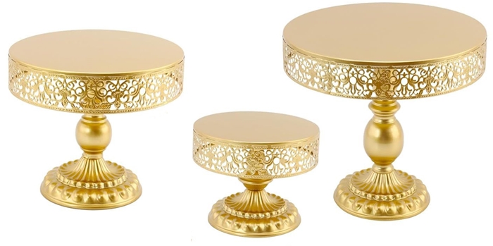 Sada 3 zlatých podnosů na noze pro sladký bar, dorty, muffiny dort podnos