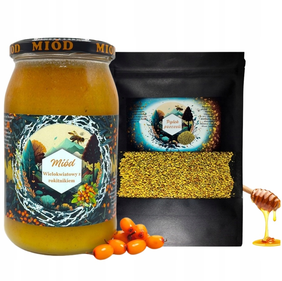 Miód z Rokitnikiem 1200g pyłek pszczeli 1 kg Rodzinna Pasieka