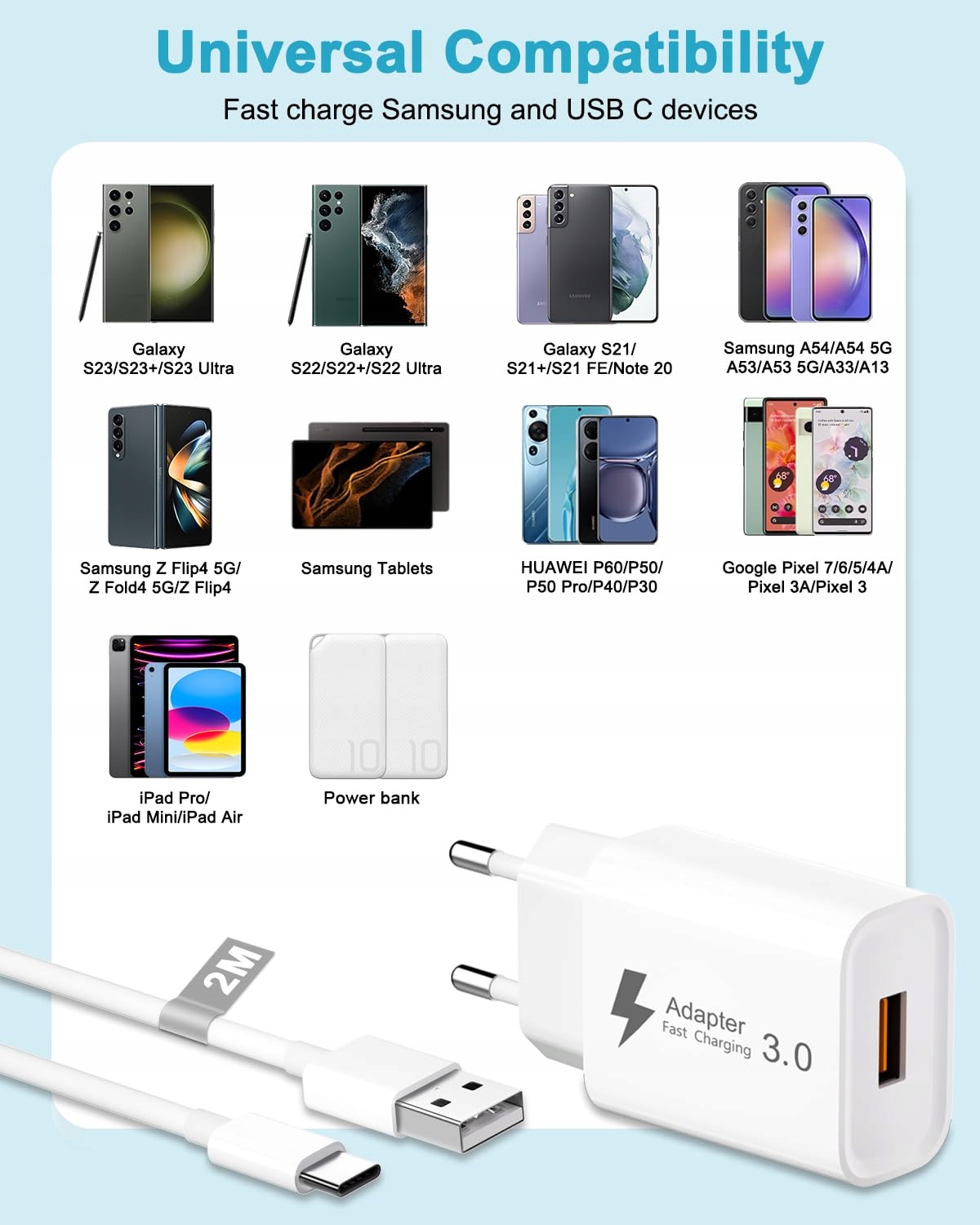 Ładowarka USB z kablem do ładowania USB C 2 m, 18 W Biała — miniatura 7