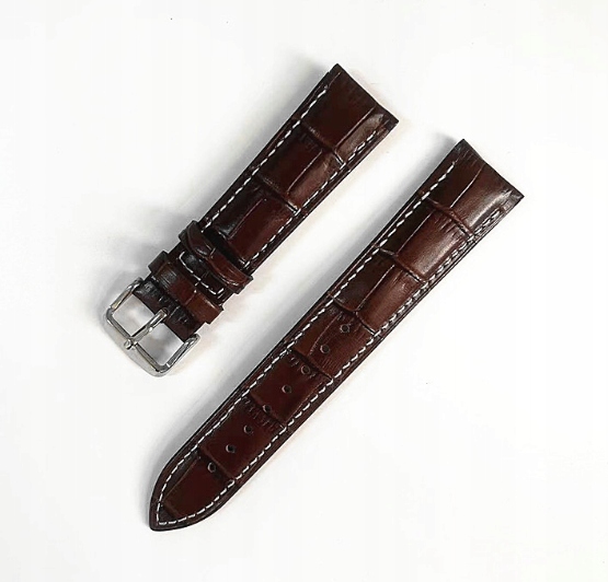 Brązowy Skórzany Pasek do Zegarka 22mm Białe Obszycie Wzór Skóry Krokodyla