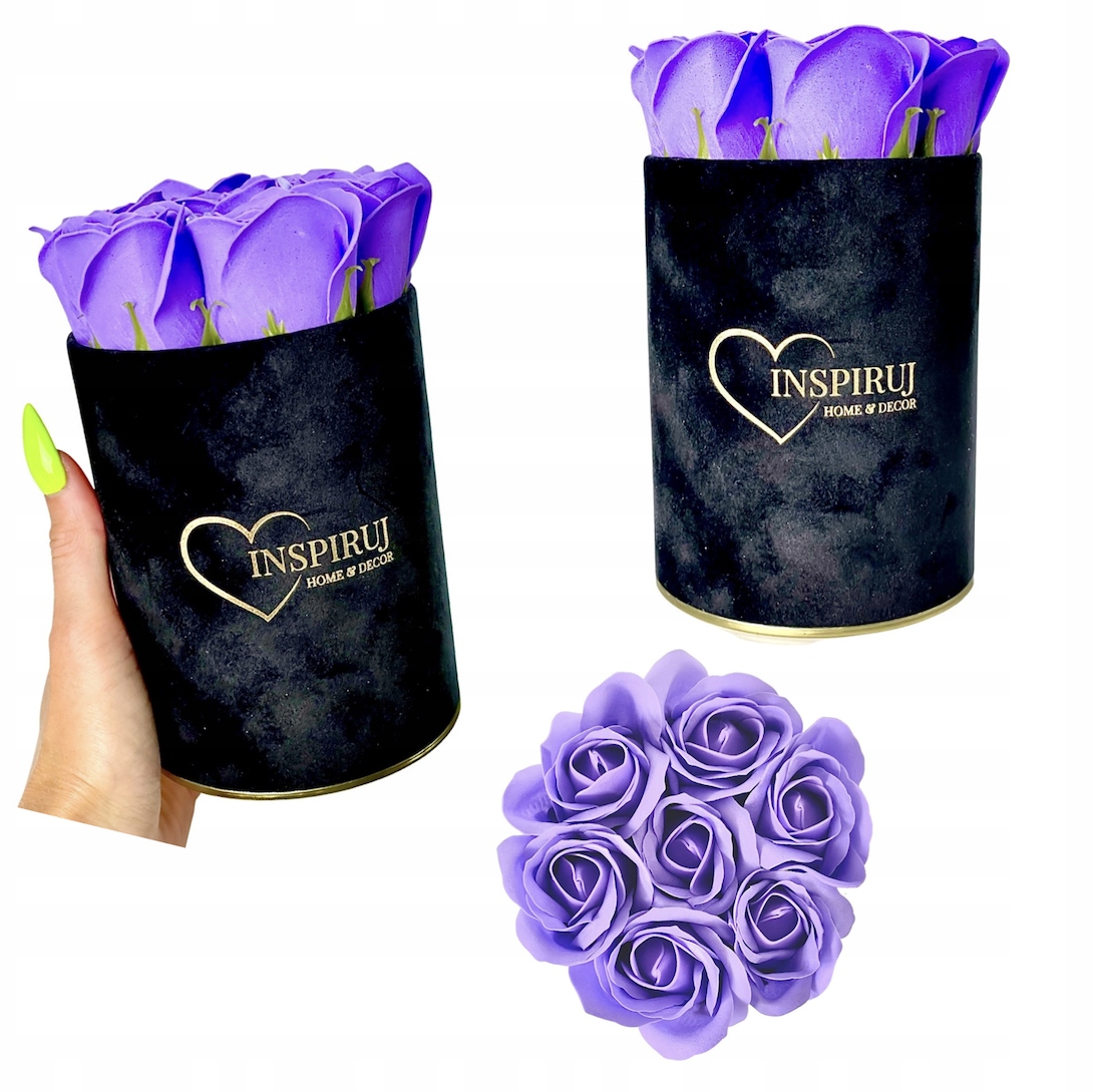 FLOWERBOX Z KWIATAMI MYDLANYMI PREZENT KWIATY RÓŻE MYDLANE WELUROWE PUDEŁKO