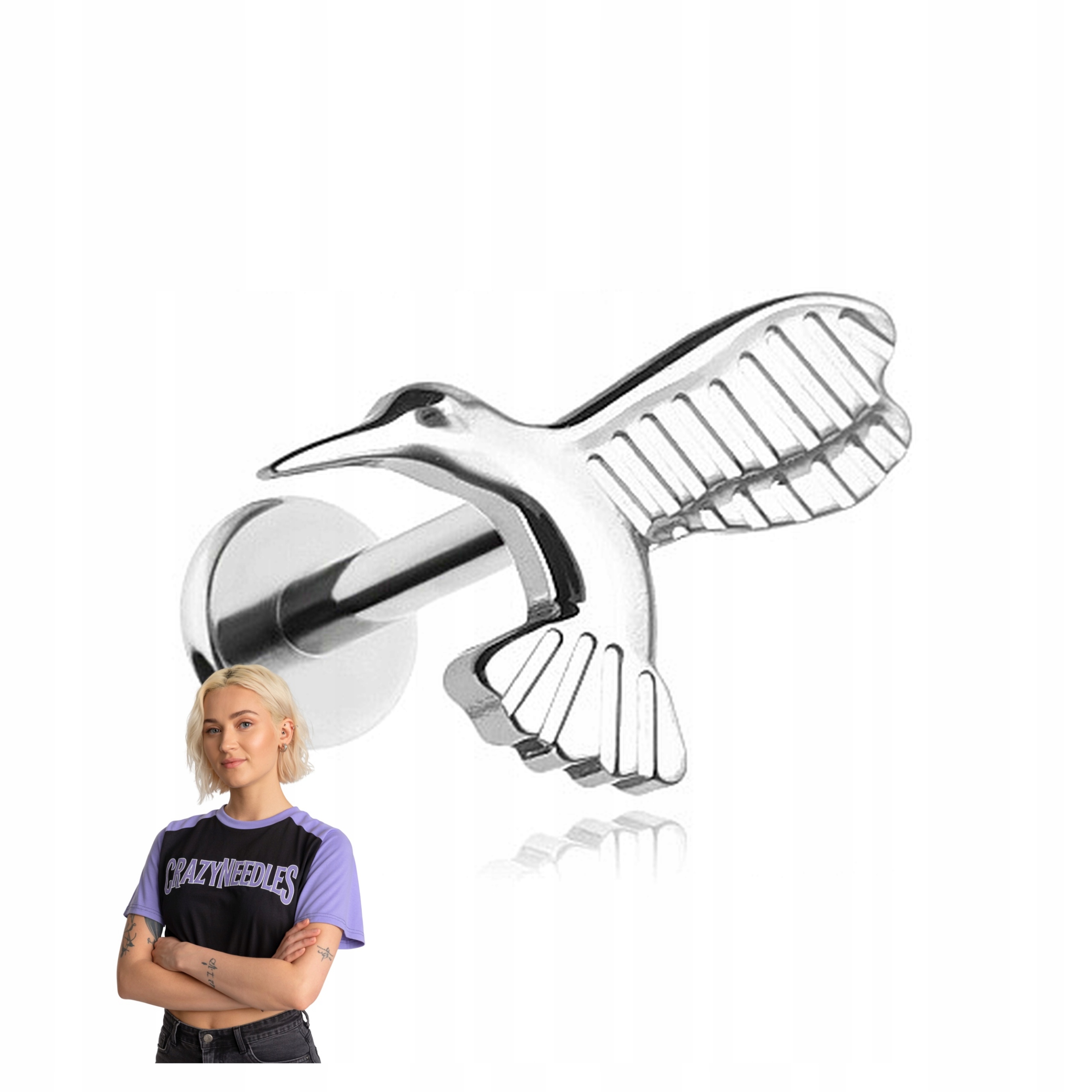 Titanový náušník labret kolibřík stříbrný 1,2/6