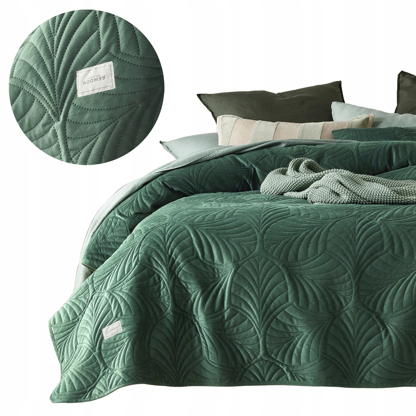 ROOM99 Narzuta na łóżko 200x220 butelkowa zieleń welurowa pikowana Feel