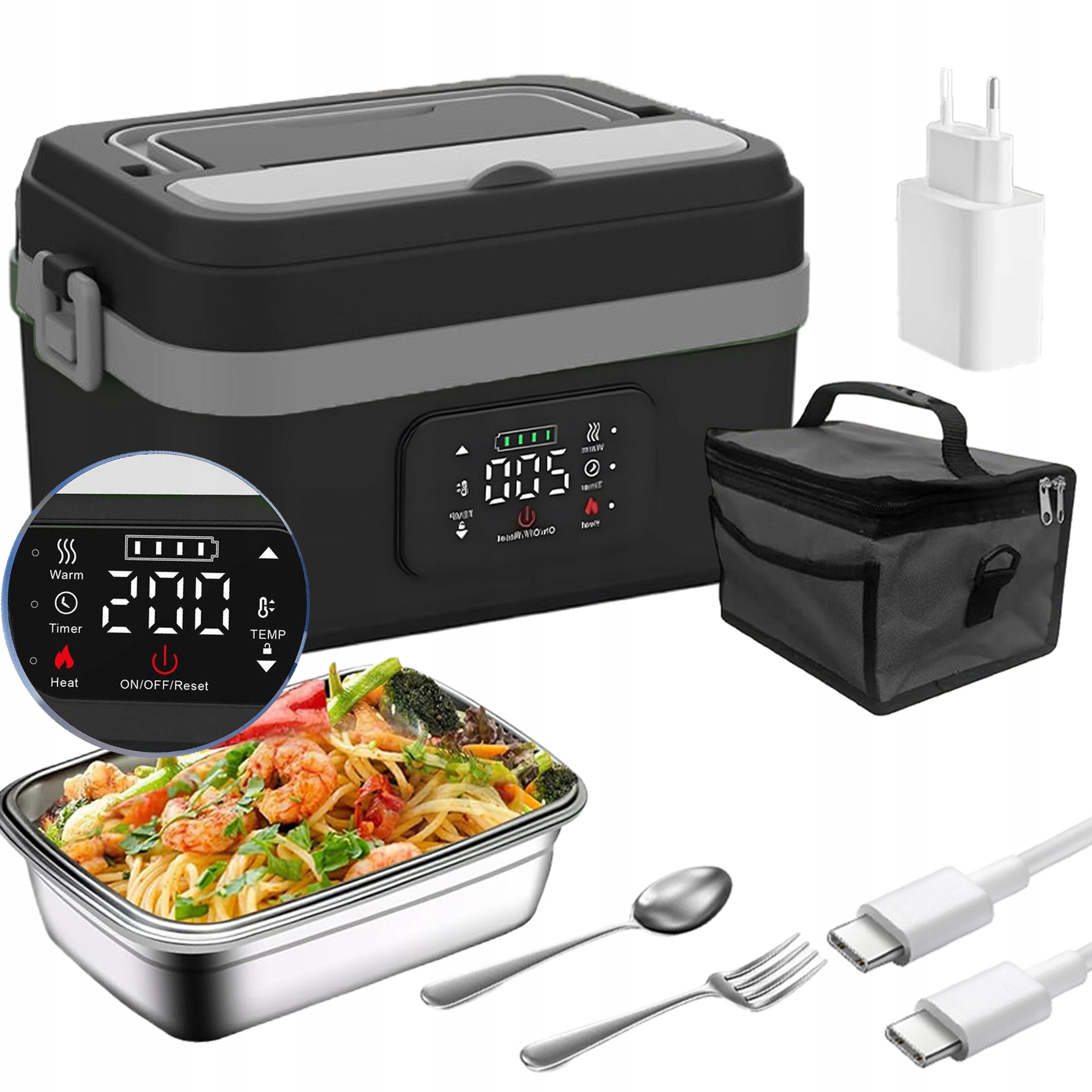 Elektrický Obědový Box S Časovačem A Nastavitelným Ohřevem, Nabíjecí (šedý)