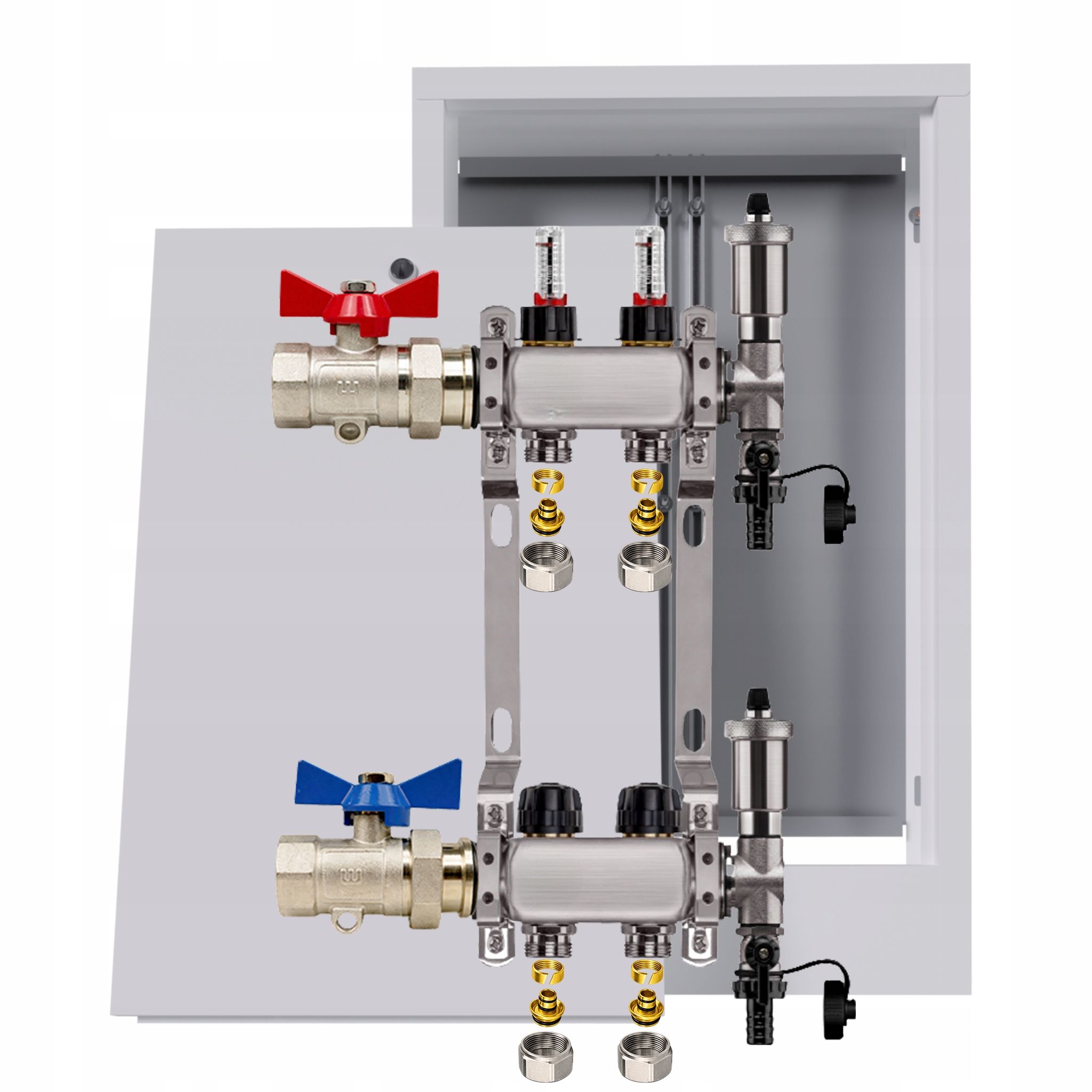 Nerezový rozdělovač pro podlahu 2 okruhy nástěnná skříňka Pex