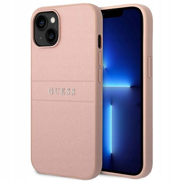 Guess Saffiano Metal Logo Stripes – Pouzdro pro iPhone 14 Plus (růžové)