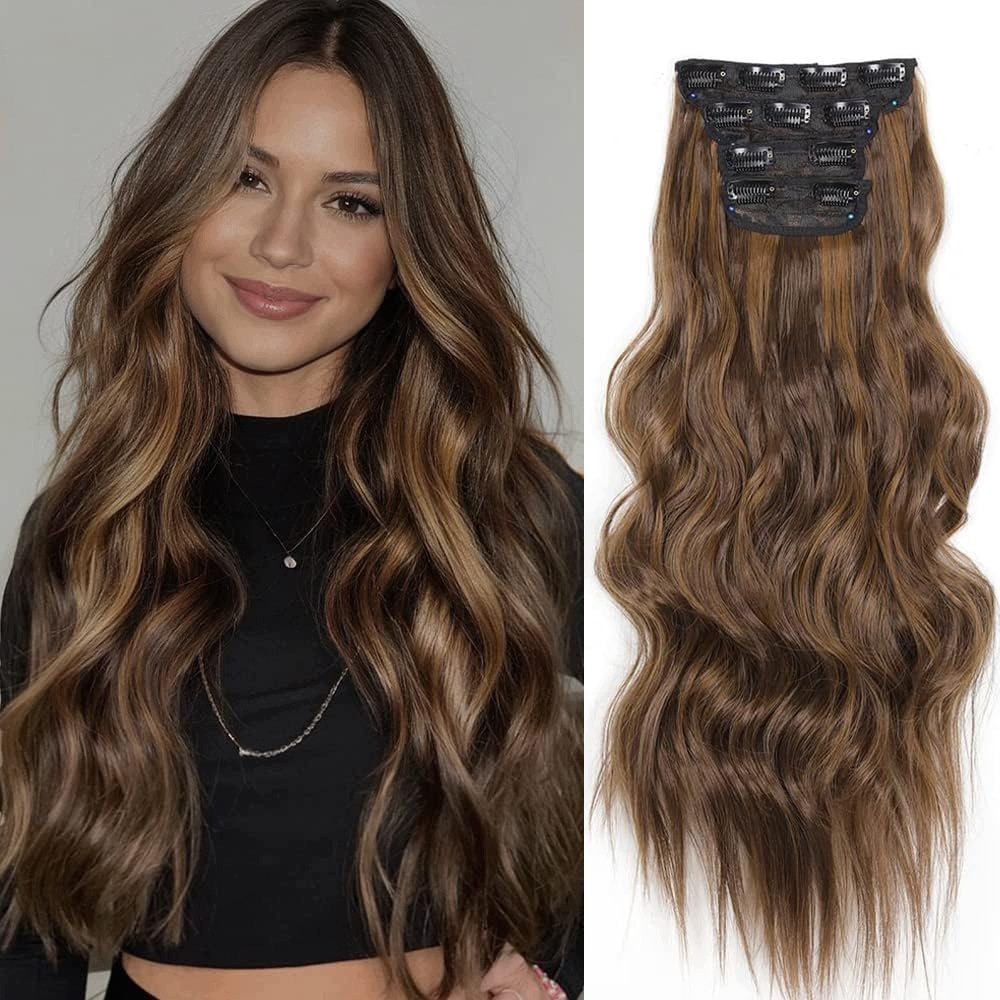 Připínací vlasy typu Clip-in hnědé pramínky 60 cm 4 prameny Yddm 8H27#