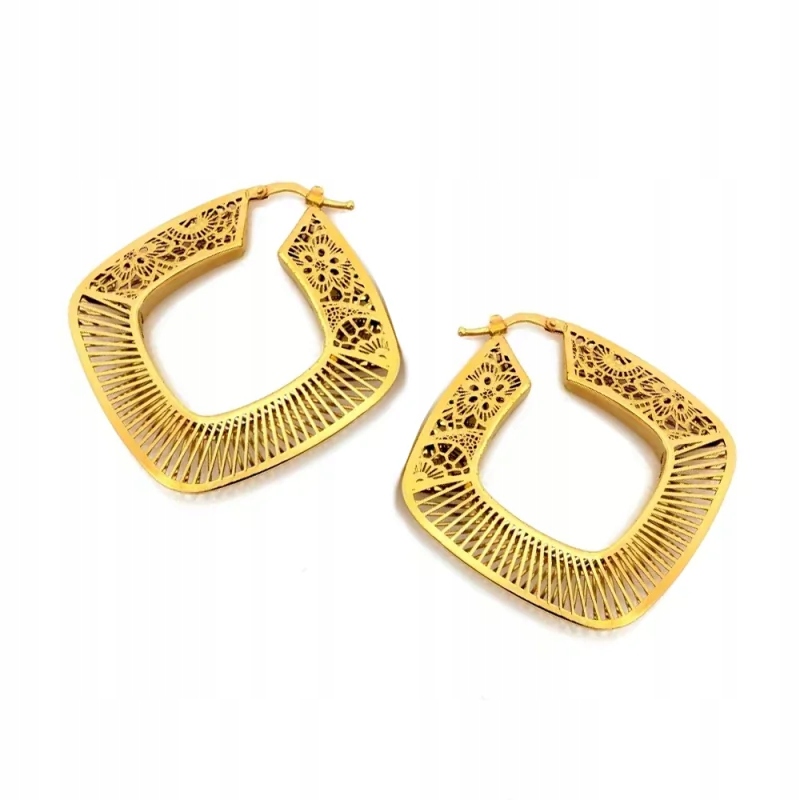 Zlaté náušnice pro ženy 585 prolamované čtverce s ornamentem jako dárek 7.0