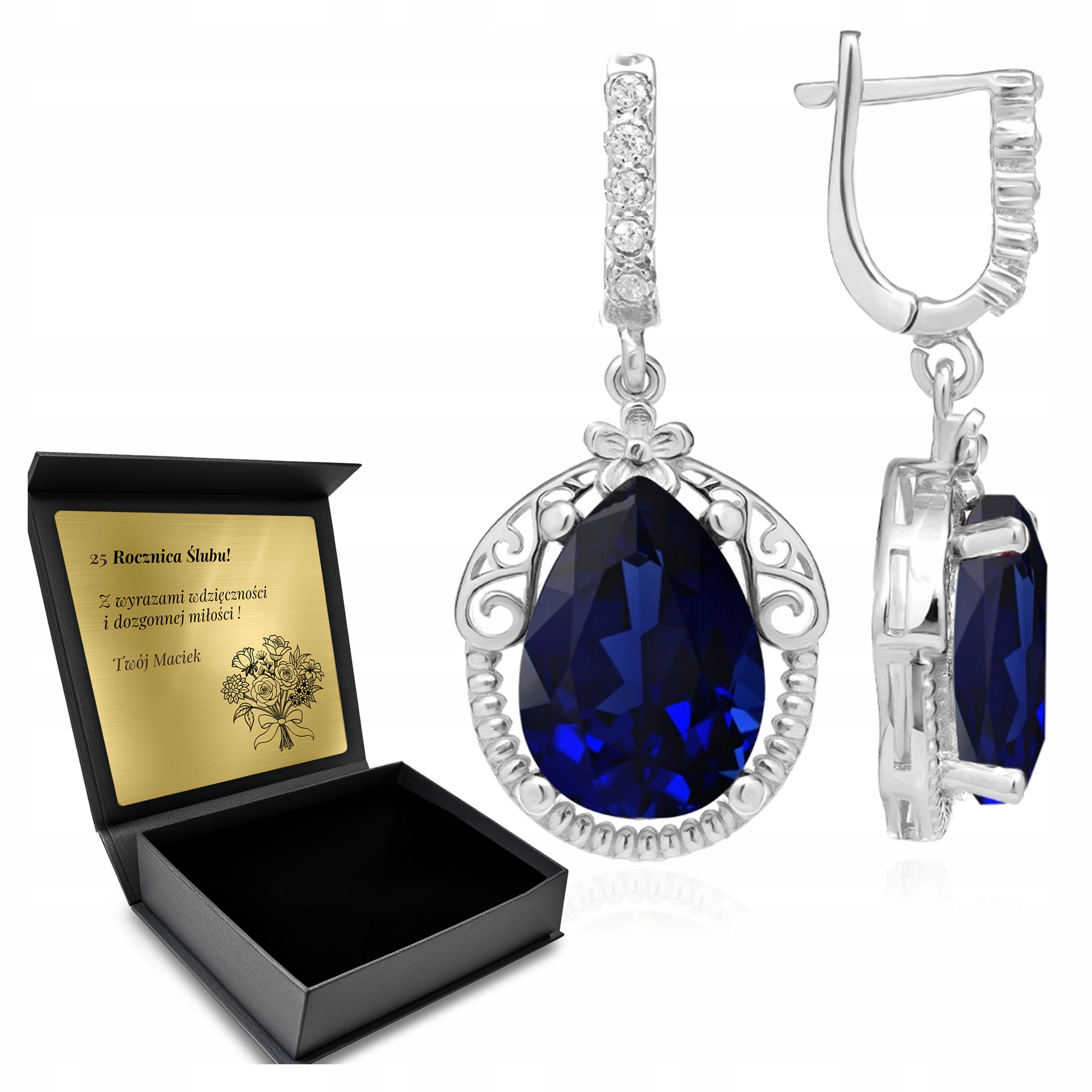 Stříbrné Náušnice 925 Safír Krásné Stříbrné Šperky 925 Gravírování Bonus
