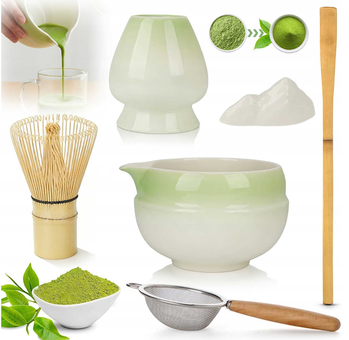 Sada Pro Matcha 7 Kusů Gradient Zelená S Miskou Metličkou A Horskou Horou