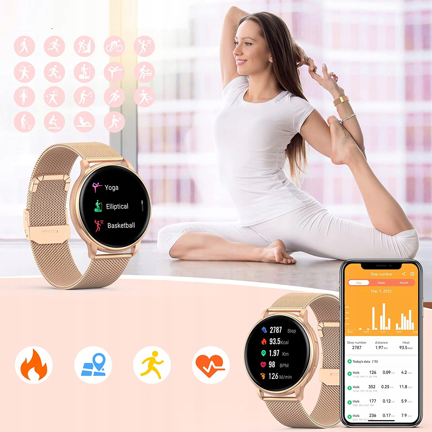 SMARTWATCH ZEGAREK DAMSKI POLSKIE MENU ROZMOWY CIŚNIENIE + 2 PASKI GRATIS Szkiełko mineralne