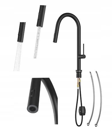 Čierna kuchynská batéria s výsuvným výtokom, stojanový kuchynský kohútik Vaya