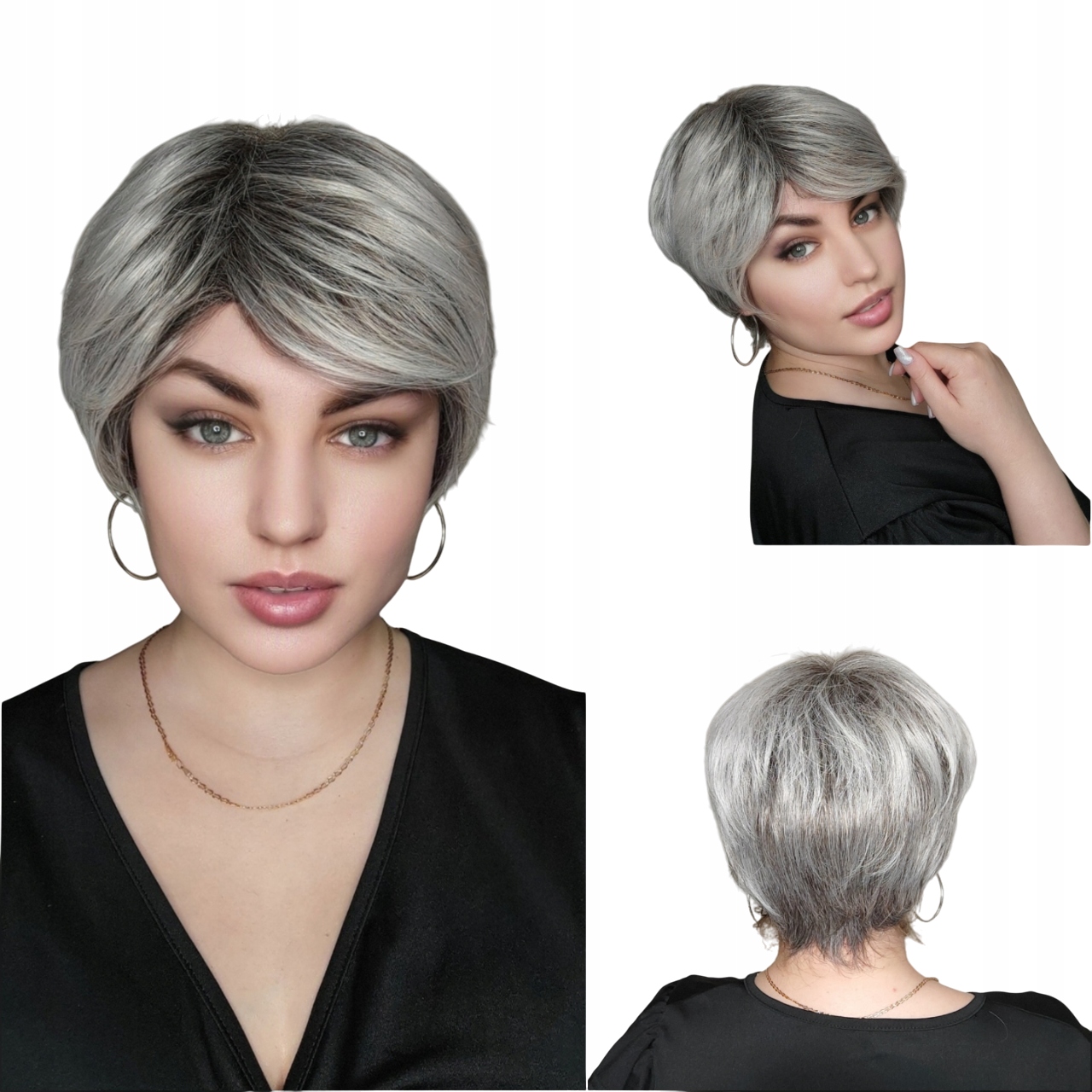 Peruka Damska Krótka Siwa Pixie Srebrna Włosy Jak Naturalne czepek
