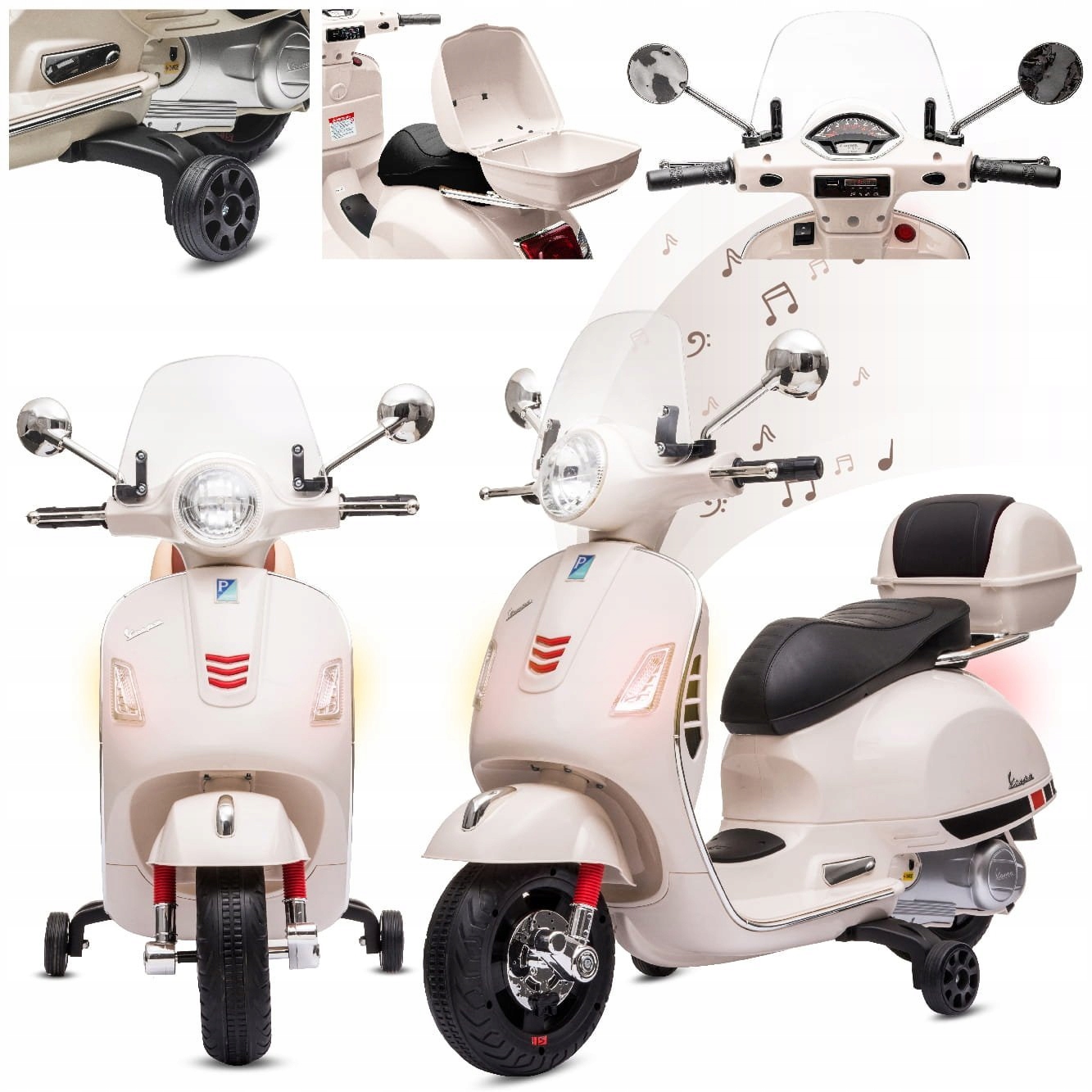 Jeździk dla dziecka Skuter Vespa na akumulator z kuferkiem biały
