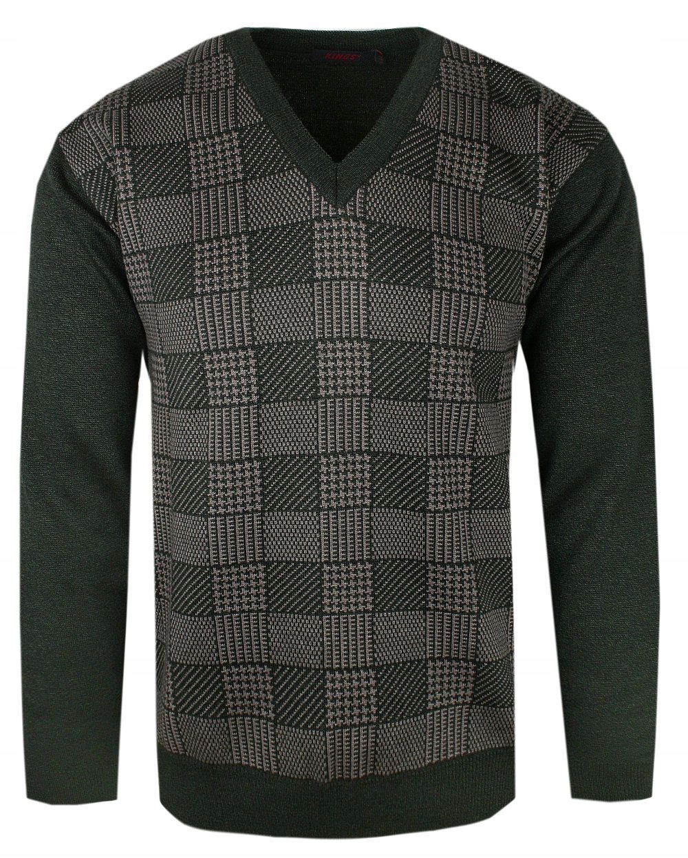 Tmavě olivový svetr s šachovnicí (U-neck) Kings XXL