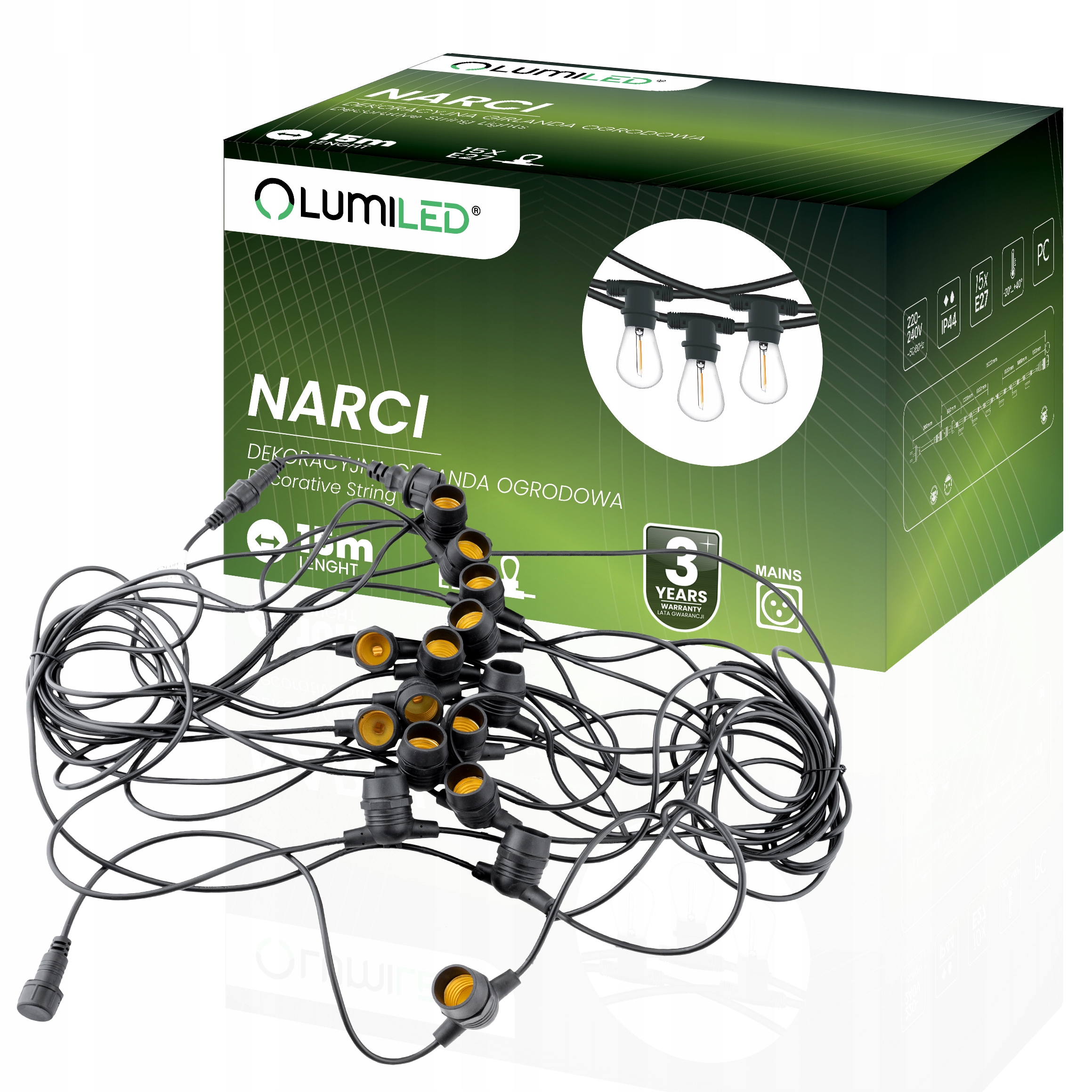 Zahradní girlanda Venkovní světelný řetěz Ozdobný 15 m 15x E27 Lumiled