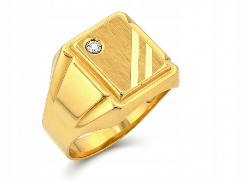 Zlatý signet 585 elegantní saténový s pánským zirkonem jako dárek r27