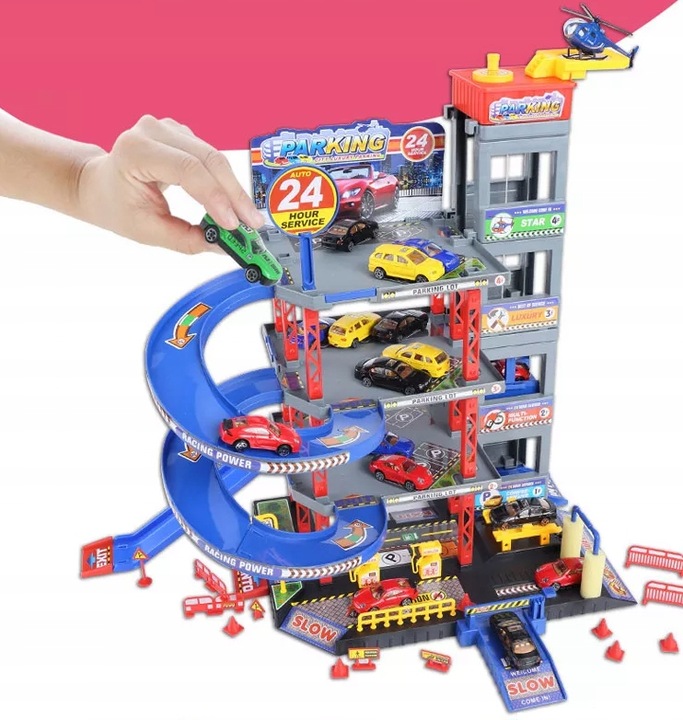 DUŻY GARAŻ PIĘTROWY PARKING AUTKA HELIKOPTER WINDA Długość 48 cm