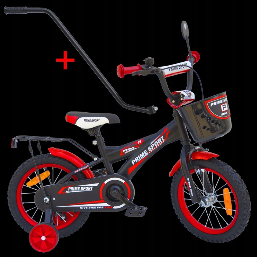 Rower dziecięcy 14 cali Prime Bmx Sport BLACK/Red Półmat Premium dodatki
