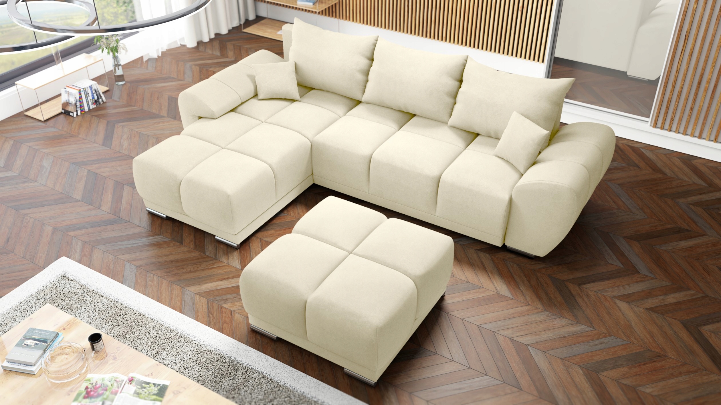 Rohová Sedací Souprava S Rozkládací Funkcí Spaní Honey L Velká Taburet Světle Béžová