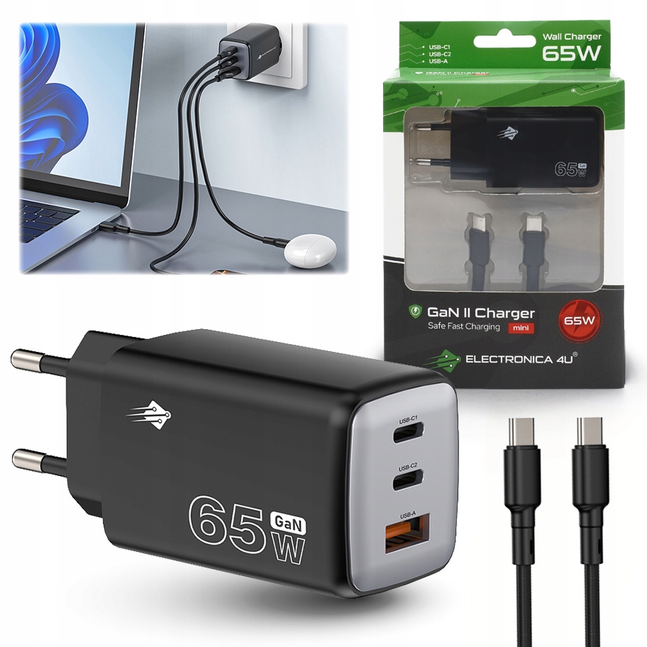 Szybka ładowarka sieciowa 65W GaN II 3A 20V QC3.0 PD3.0 Usb C Usb A kabel