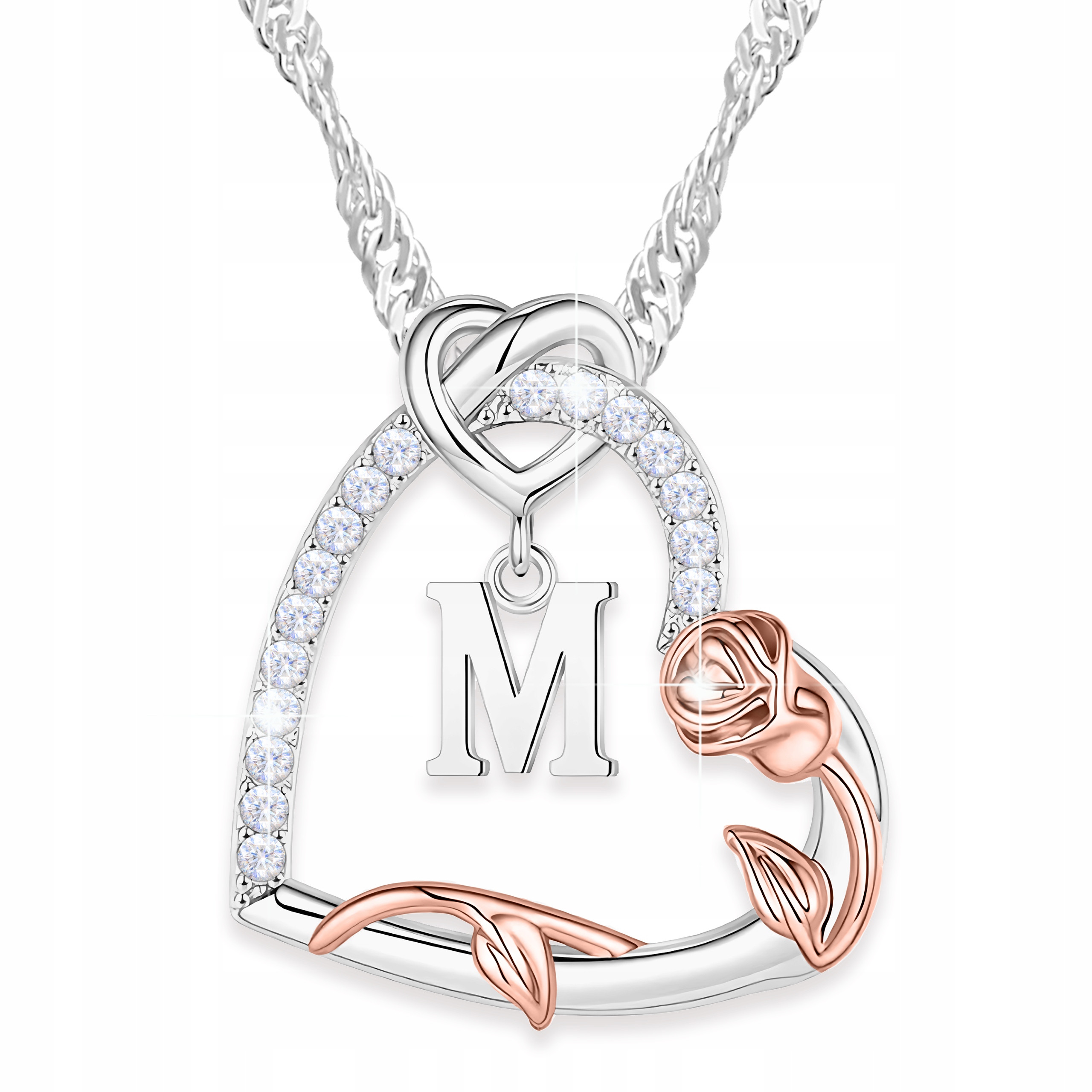 Stříbrný náhrdelník Srdce Písmeno M Květ života Růže Zirkon Láska Stříbro 925