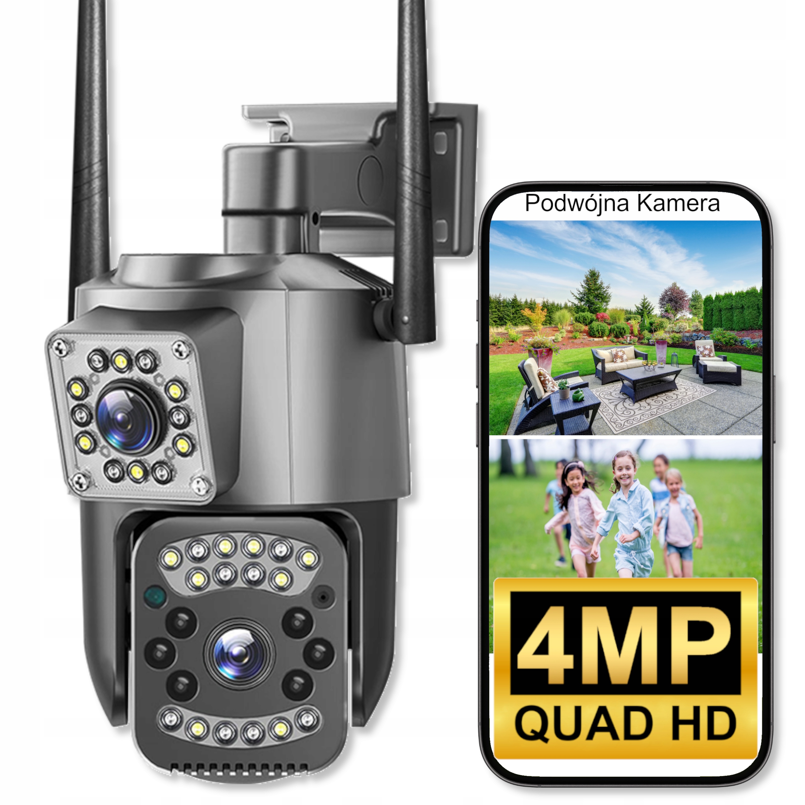 Dvojitá Kamera 2V1 Venkovní Otočná Wifi Ip 4MPX 2K Monitorování Černá