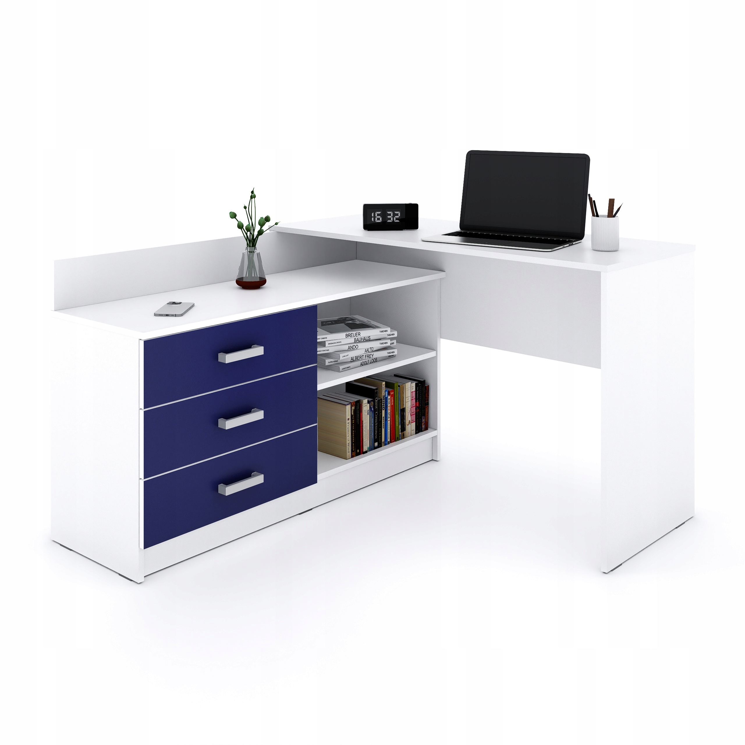 Pro Mládež rohový psací stůl Alto ve tvaru písmene, 3 zásuvky – granátová barva