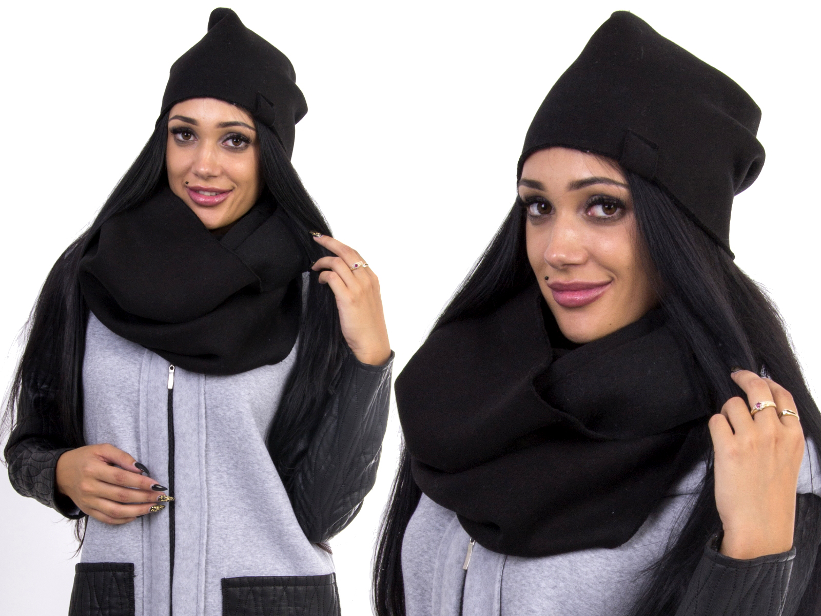 

C84 Komplet Bawełna Czapka Komin Czarny