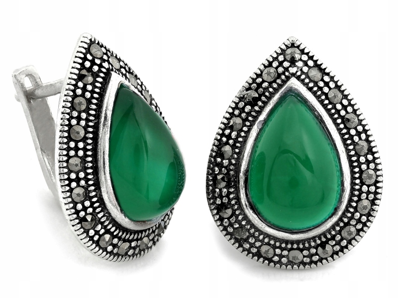 Stříbrné náušnice 925 oxidovaná kapka s markýzami a zeleným kamenem