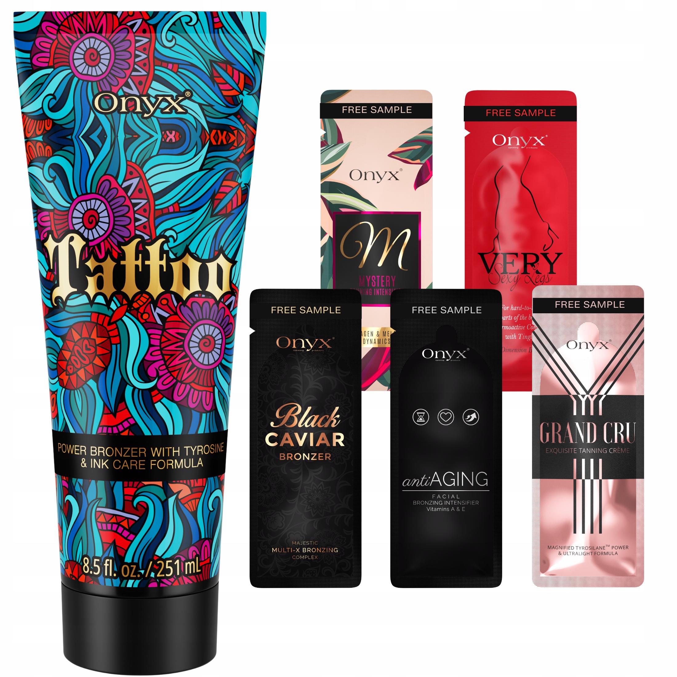 Onyx Tattoo bronzující urychlovač opalování s ochranou tetování vzorky