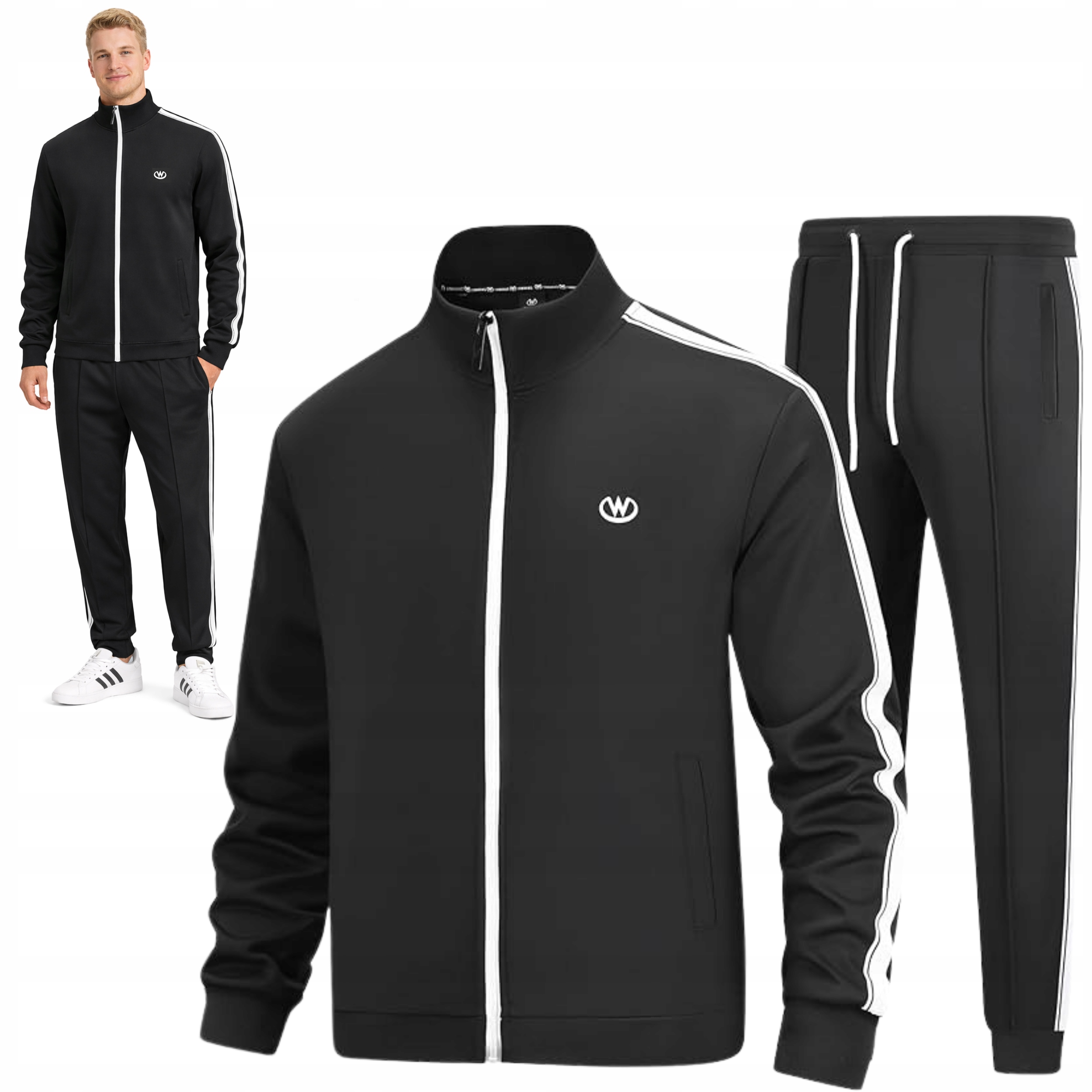 Teplákovka Pánský Set Černý Pohodlný Bílý Sportovní Lampasy Basicdot 3XL