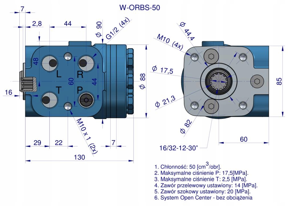 Orbitrol hydrauliczny W-ORBS 50 cm3/obr z zaworami (System Open Center - be EAN (GTIN) 5902287226294