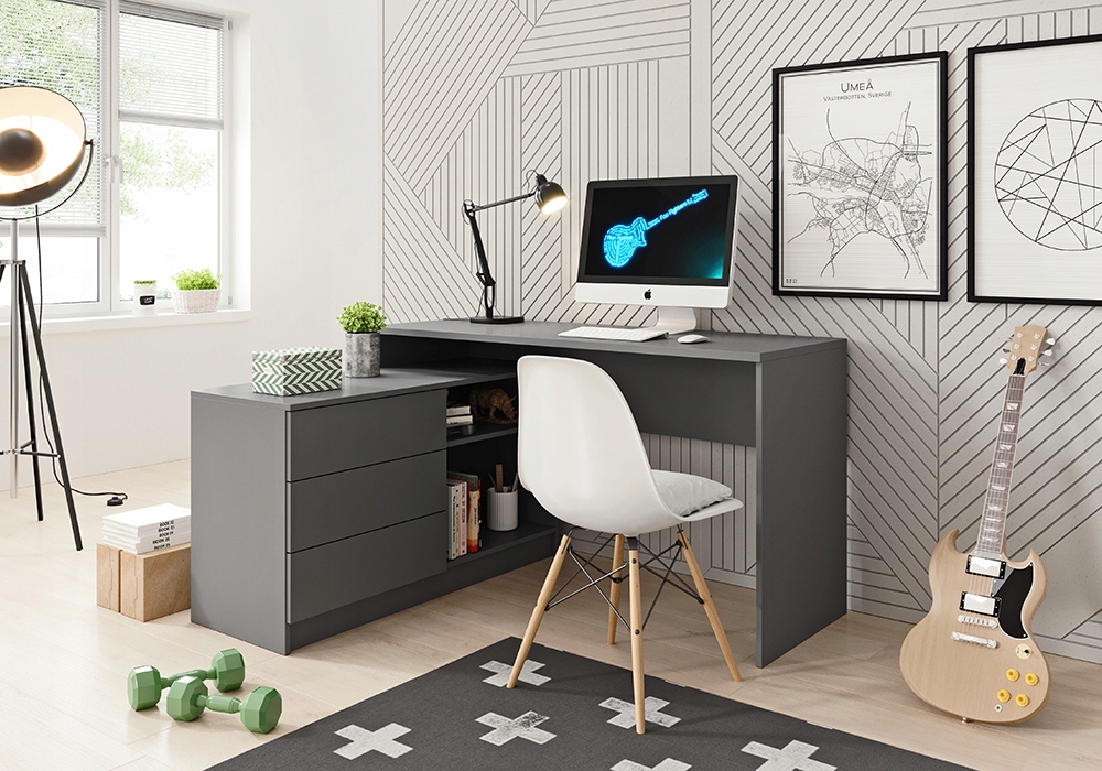 GRAFITOWE biurko LAO do nauki narożne szuflady Kolekcja INDIANA