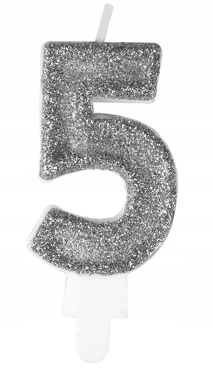 ŚWIECZKA URODZINOWA BROKATOWA CYFERKA 5 SREBRNA cyfra piąte urodziny
