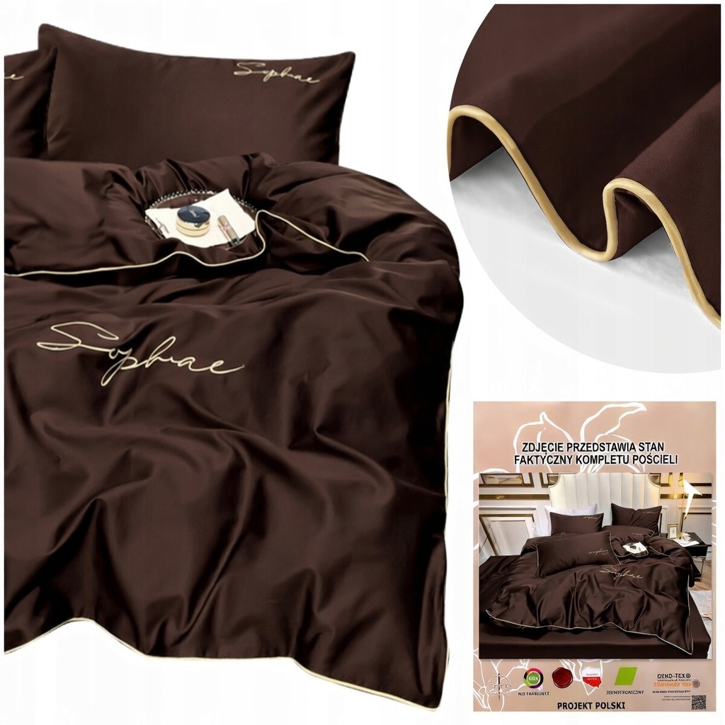 Pościel 200x220 2 Poszewki Brązowa Premium Luksusowa Satyna Lamówka Haft