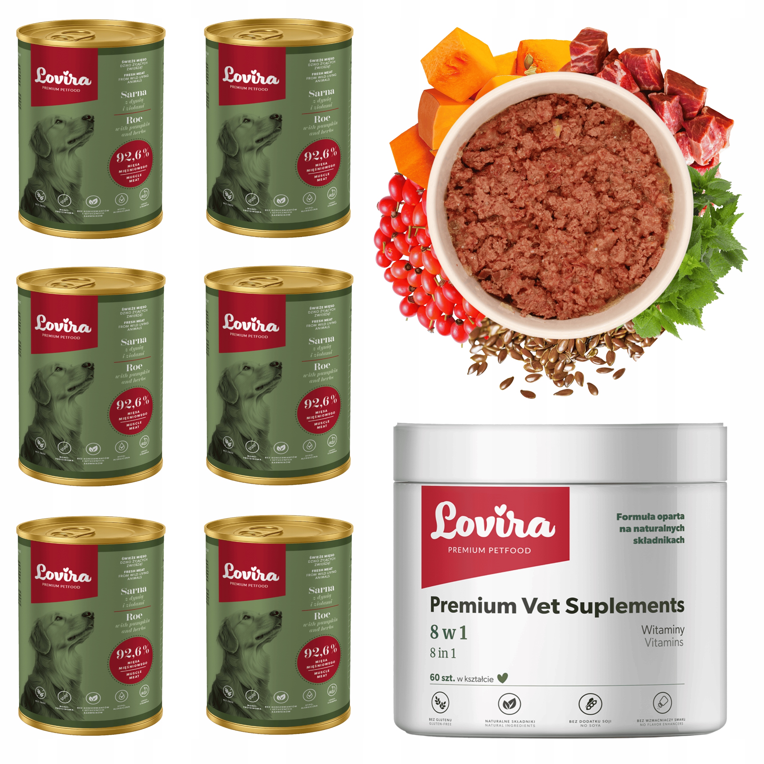 Levně 6x Krmivo Mokrá srna 92,6+DÁREK Doplňky Pro Psa 8v1 komplex Vitamínů